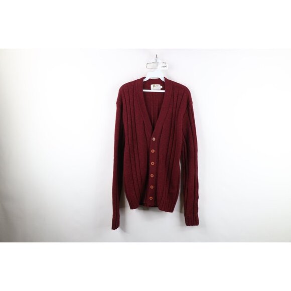 Vtg 60s Streetwear Mens L Wool Blend Chunky Ribbed Knit Cardigan Sweater Red USA